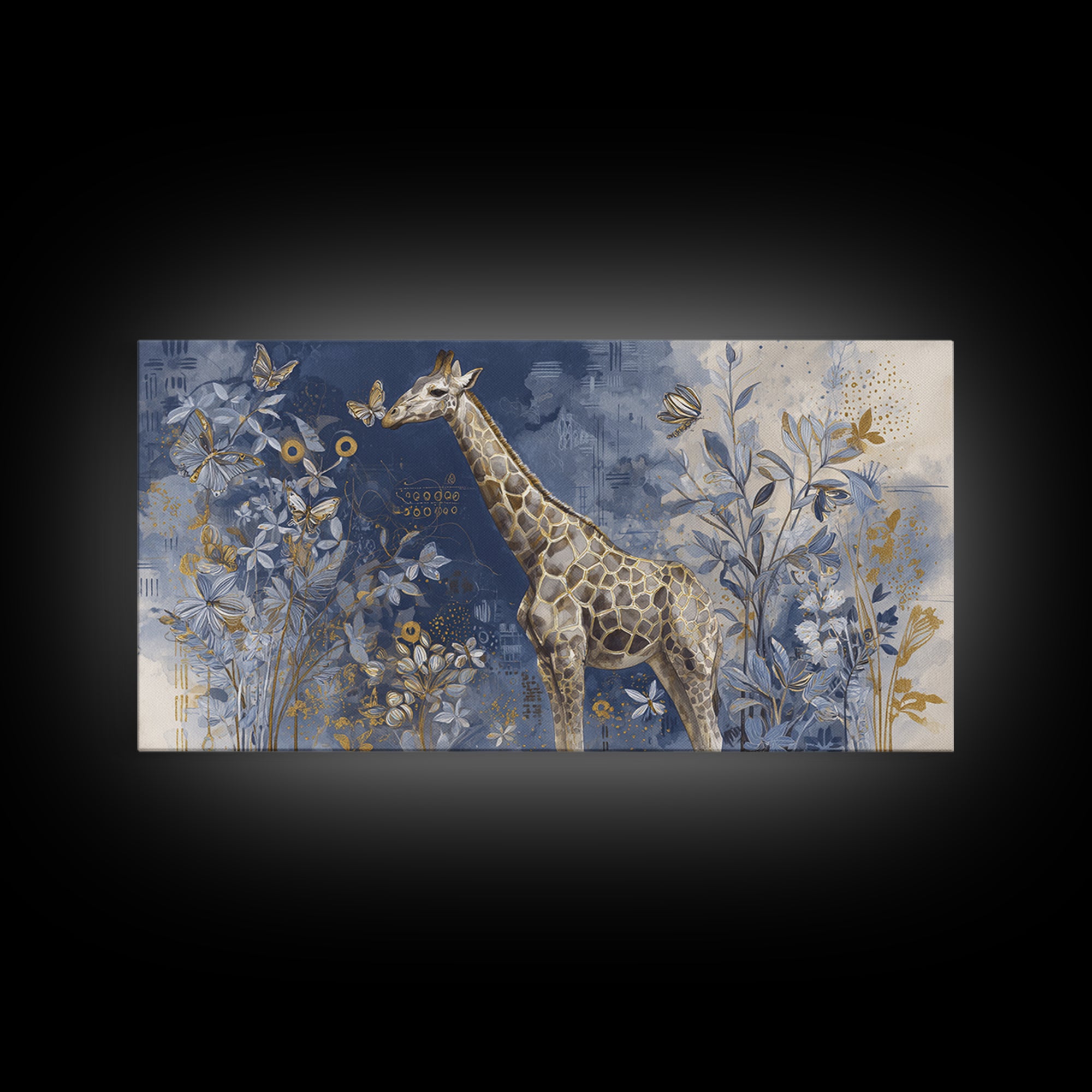 Giraffe with Scarf and Butterflies Framed Canvas Print, Whimsical Art, Minimalist Decor, Living Room Decor, Fine Art, Wonder, WHI-2x1-30
