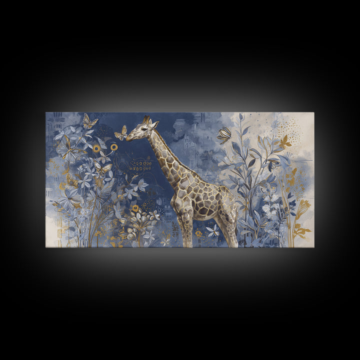 Giraffe with Scarf and Butterflies Framed Canvas Print, Whimsical Art, Minimalist Decor, Living Room Decor, Fine Art, Wonder, WHI-2x1-30