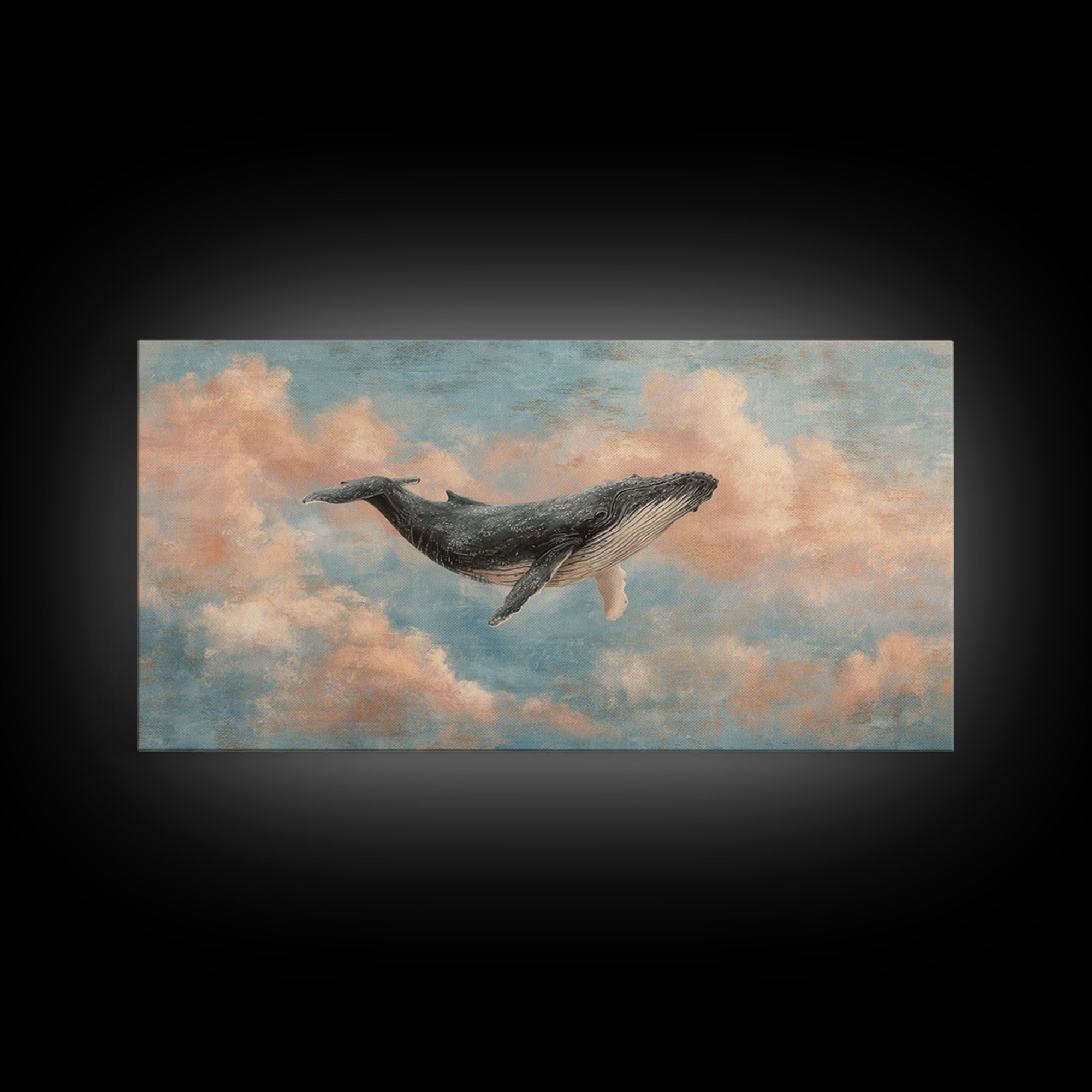 Whale Flying Through Clouds Like Ocean Framed Canvas Print, Whimsical Art, Art Print, Living Room Decor, Fine Art, Wonder, WHI-2x1-33