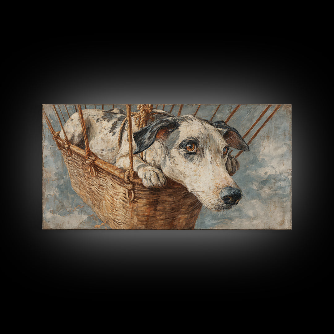 Dog in a Hot Air Balloon Framed Canvas Print, Whimsical Art, Contemporary Art, Living Room Decor, Fine Art, Wonder, Art Nouveau, WHI-2x1-34