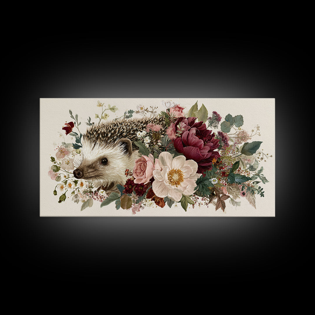 Hedgehog Carrying Wildflowers Framed Canvas Print, Whimsical Art, Wall Art, Living Room Decor, Watercolor Art, Wonder, WHI-2x1-35