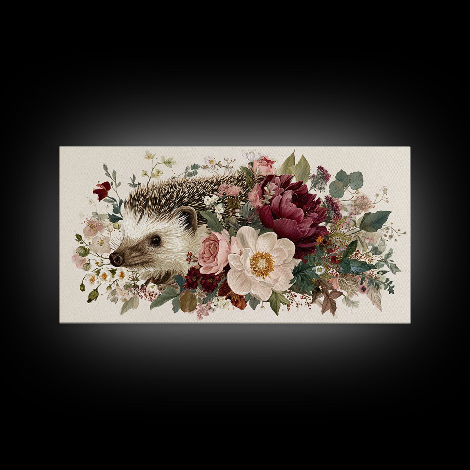 Hedgehog Carrying Wildflowers Framed Canvas Print, Whimsical Art, Wall Art, Living Room Decor, Watercolor Art, Wonder, WHI-2x1-35
