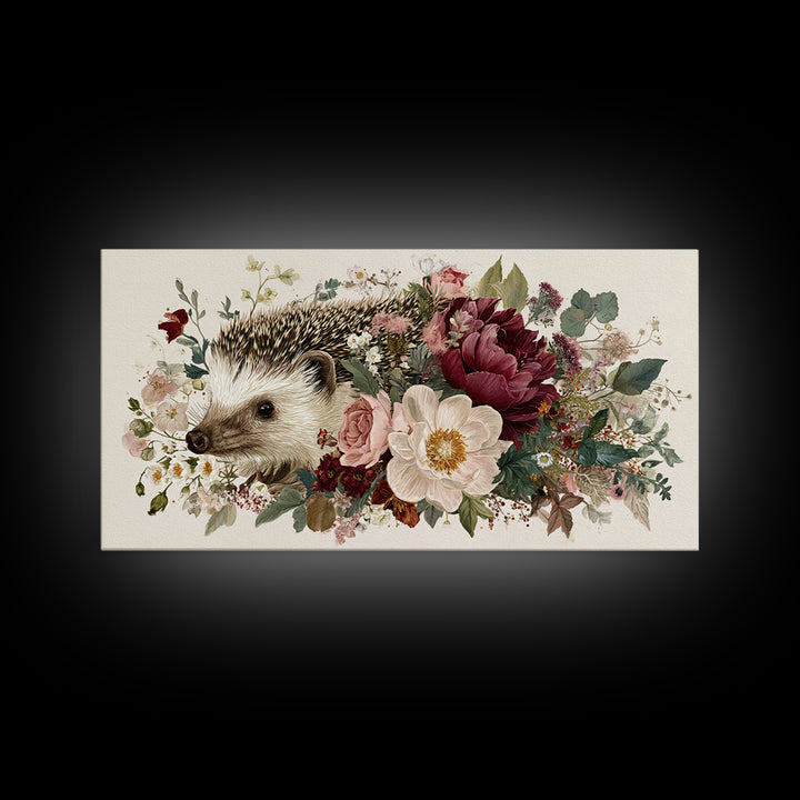Hedgehog Carrying Wildflowers Framed Canvas Print, Whimsical Art, Wall Art, Living Room Decor, Watercolor Art, Wonder, WHI-2x1-35
