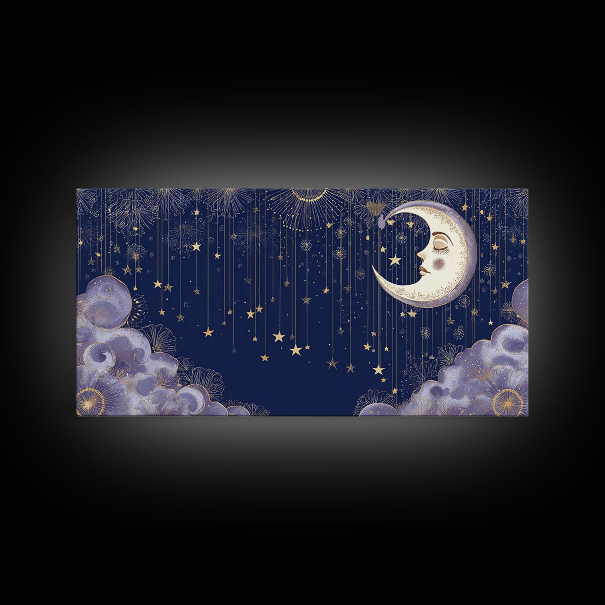 Moon with Sleeping Face and Dangling Stars Canvas Print, Whimsical Art, Home Decor, Living Room Decor, Fine Art, Wonder, WHI-2x1-36