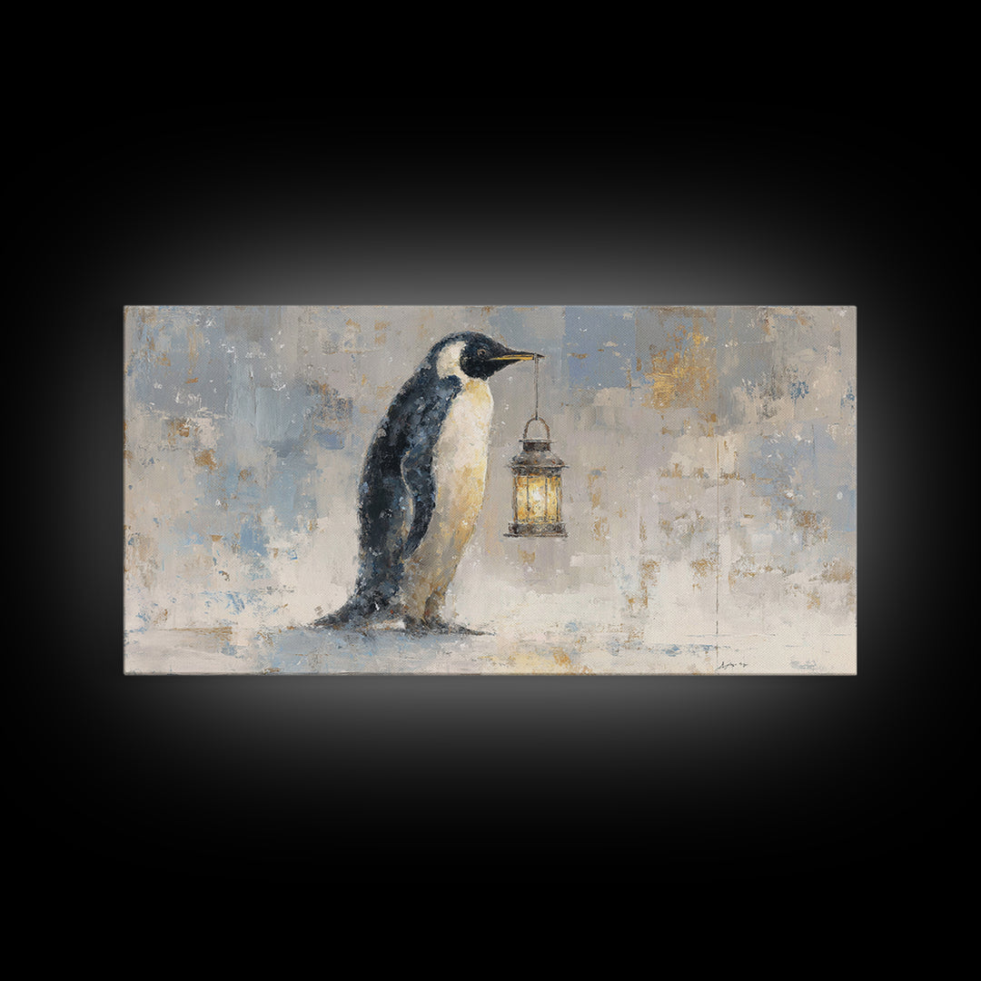 Penguin Holding a Lantern Framed Canvas Print, Whimsical Art, Digital Art, Living Room Decor, Fine Art, Wonder, Nursery, WHI-2x1-37