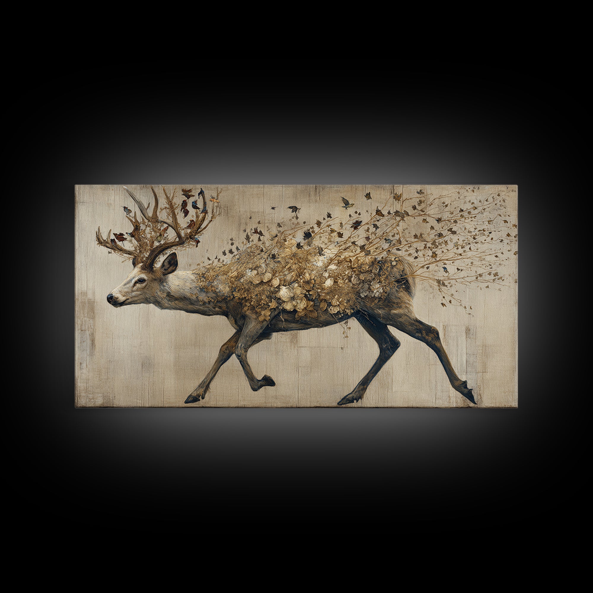Deer with Antlers Full of Birds Canvas Print, Whimsical Art, Printable Wall Art, Living Room Decor, Oil Painting, Wonder, WHI-2x1-39