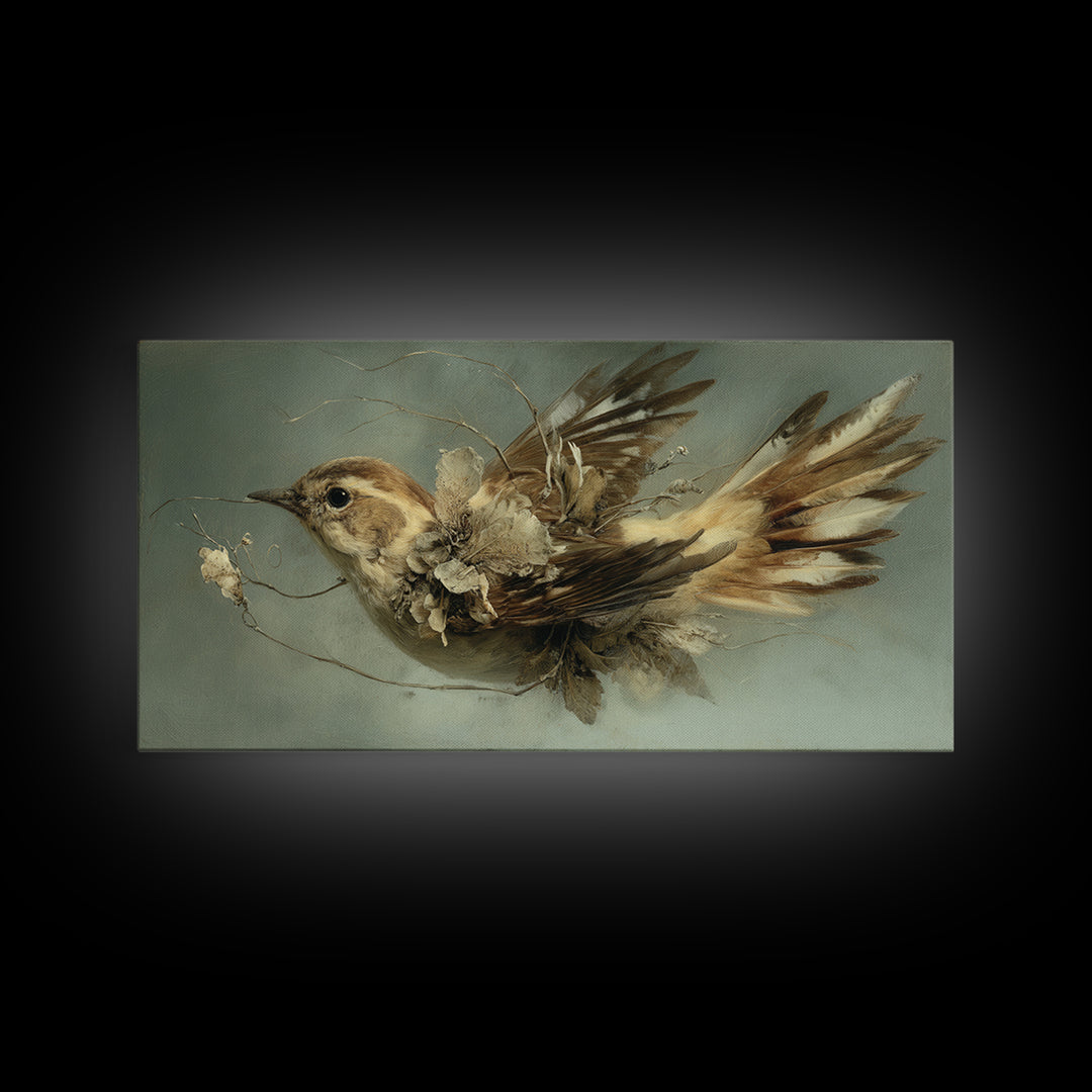 Bird Delivering a Tiny Love Letter Framed Canvas Print, Whimsical Art, Oil Painting, Living Room Decor, Fine Art, Wonder, WHI-2x1-43
