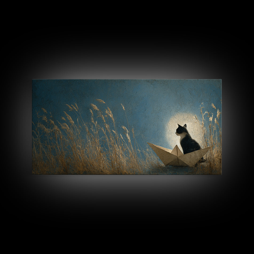 Cat Sailing a Paper Boat Framed Canvas Print, Whimsical Art, Wall Decor, Living Room Decor, Fine Art, Wonder, Printable Art, WHI-2x1-46