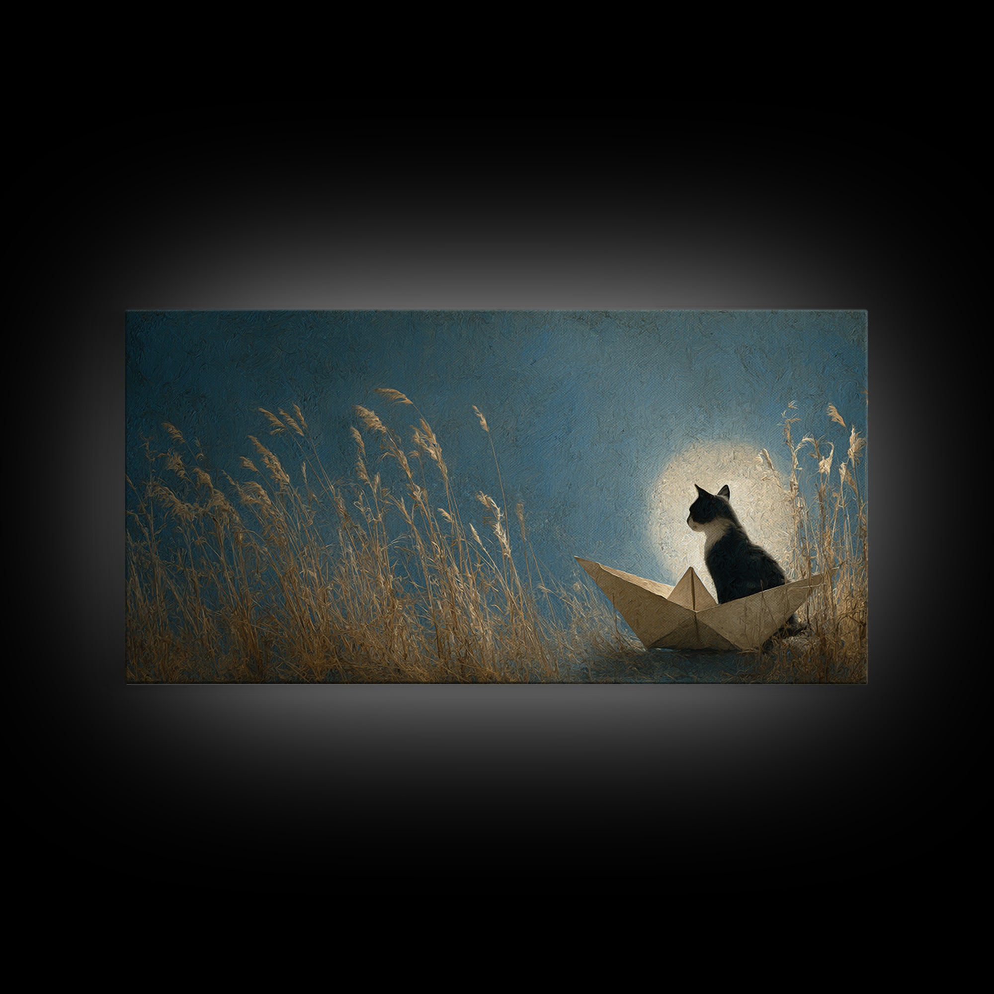 Cat Sailing a Paper Boat Framed Canvas Print, Whimsical Art, Wall Decor, Living Room Decor, Fine Art, Wonder, Printable Art, WHI-2x1-46