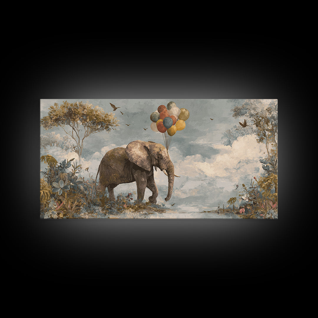 Elephant Holding Balloons Canvas Print, Whimsical Art, Whimsical, Living Room Decor, Oil Painting, Wonder, Nursery Art, WHI-2x1-47