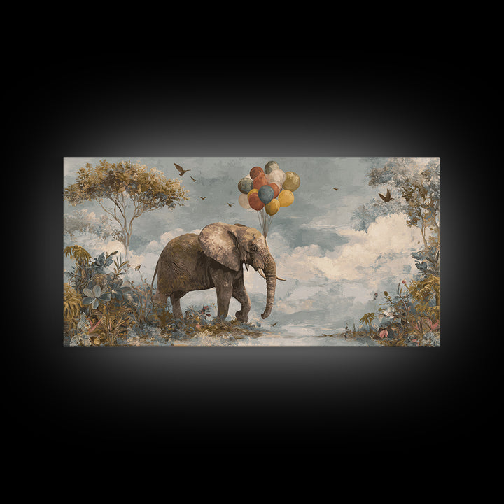 Elephant Holding Balloons Canvas Print, Whimsical Art, Whimsical, Living Room Decor, Oil Painting, Wonder, Nursery Art, WHI-2x1-47