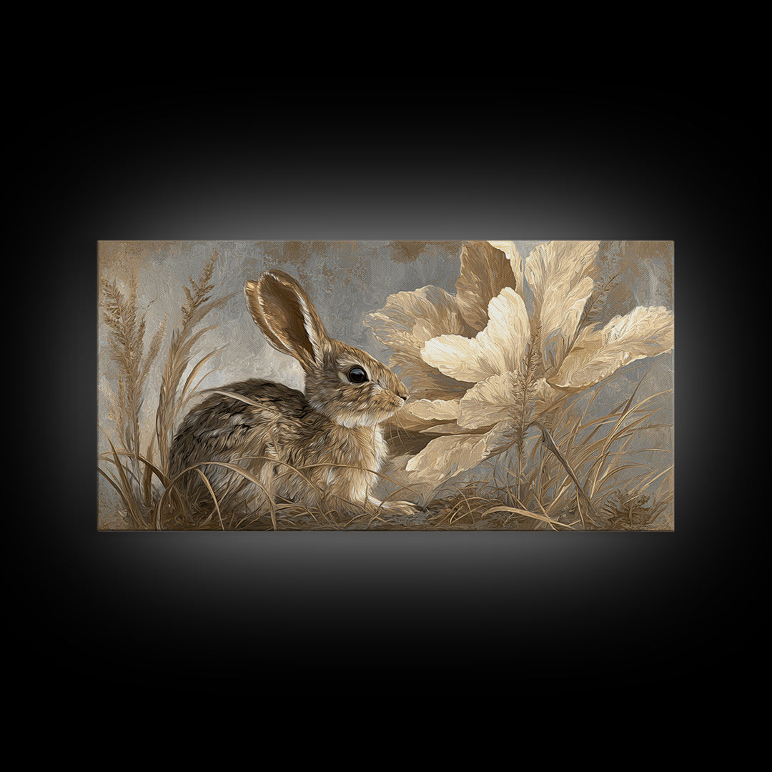 Rabbit Reading Beneath a Giant Flower Canvas Print, Whimsical Art, Digital Print, Living Room Decor, Watercolor Art, Wonder, WHI-2x1-49