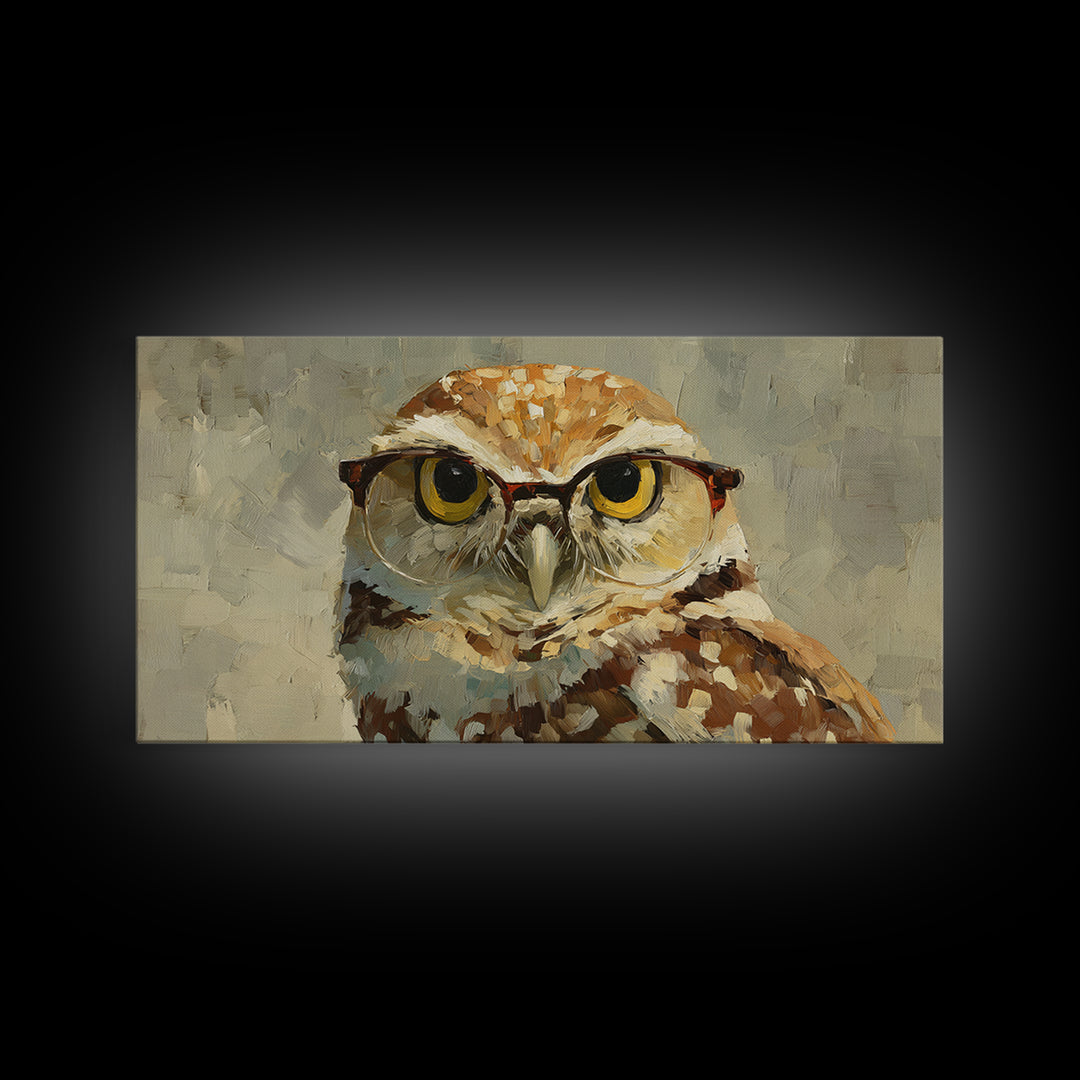 Owl Wearing Spectacles Among Stars Framed Canvas Print, Whimsical Art, Prints, Living Room Decor, Wonder, Printable Art, WHI-2x1-50