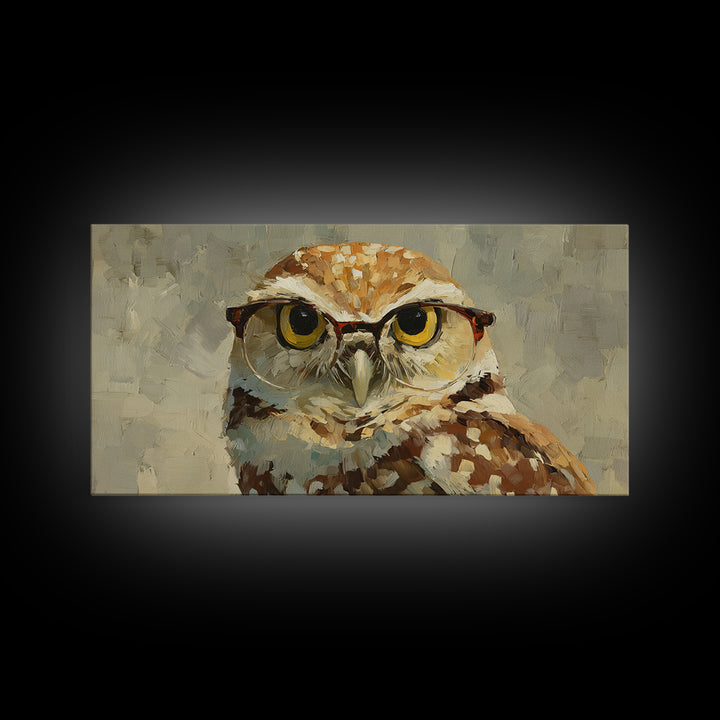 Owl Wearing Spectacles Among Stars Framed Canvas Print, Whimsical Art, Prints, Living Room Decor, Wonder, Printable Art, WHI-2x1-50