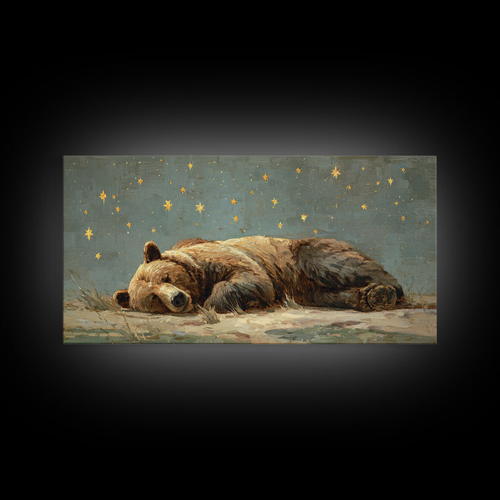 Bear Painting Stars Onto the Night Sky Canvas Print, Whimsical Art, Whimsical, Living Room Decor, Oil Painting, Wonder, WHI-2x1-53