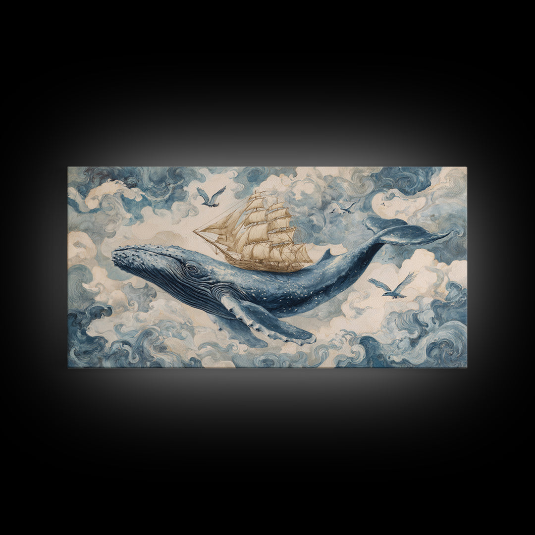 Whale Flying Through Clouds Like Ocean Canvas Print, Whimsical Art, Original Art, Living Room Decor, Fine Art, Wonder, WHI-2x1-57