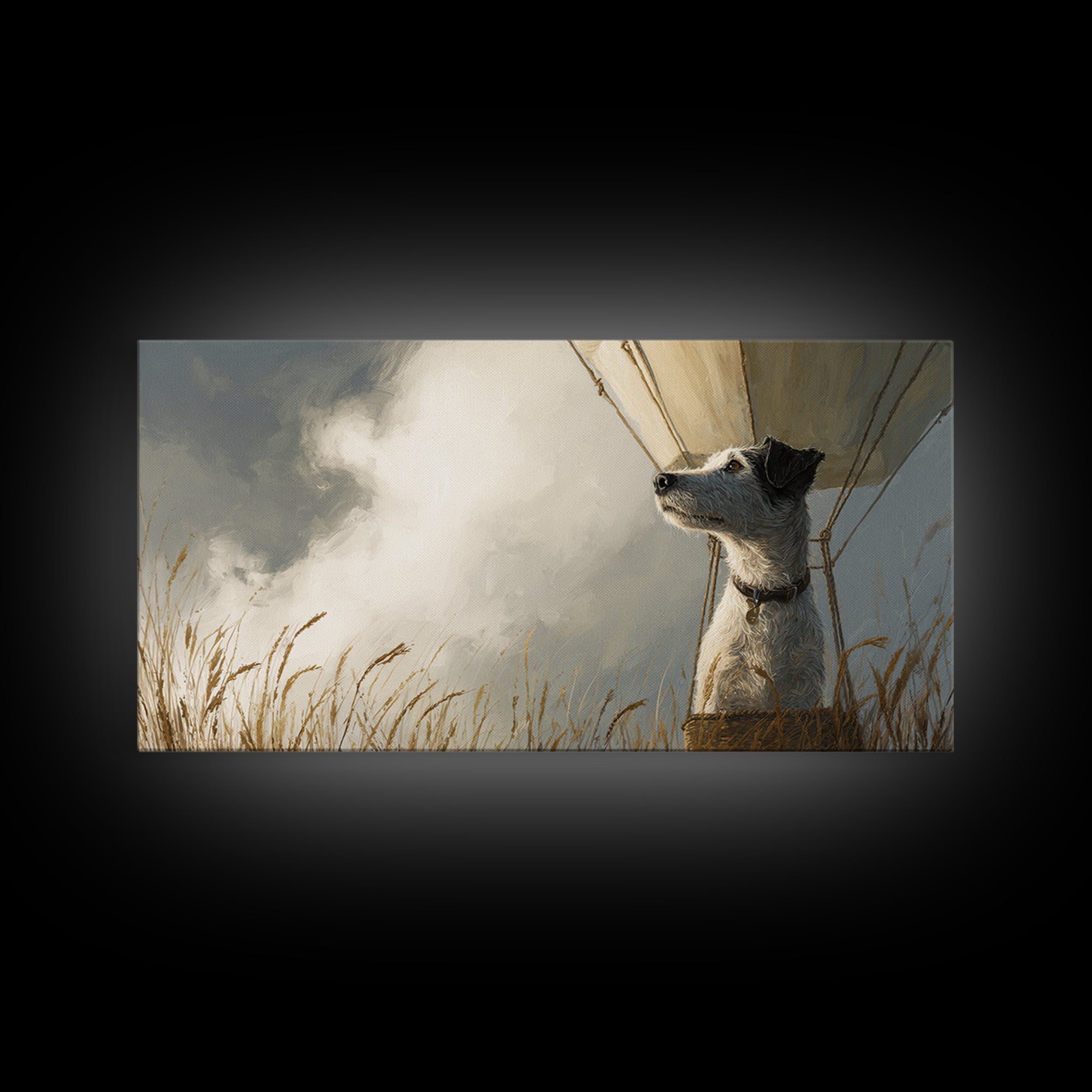 Dog in a Hot Air Balloon Canvas Print, Whimsical Art, Digital Art, Living Room Decor, Wonder, Nursery, Abstract Wall Art, WHI-2x1-58