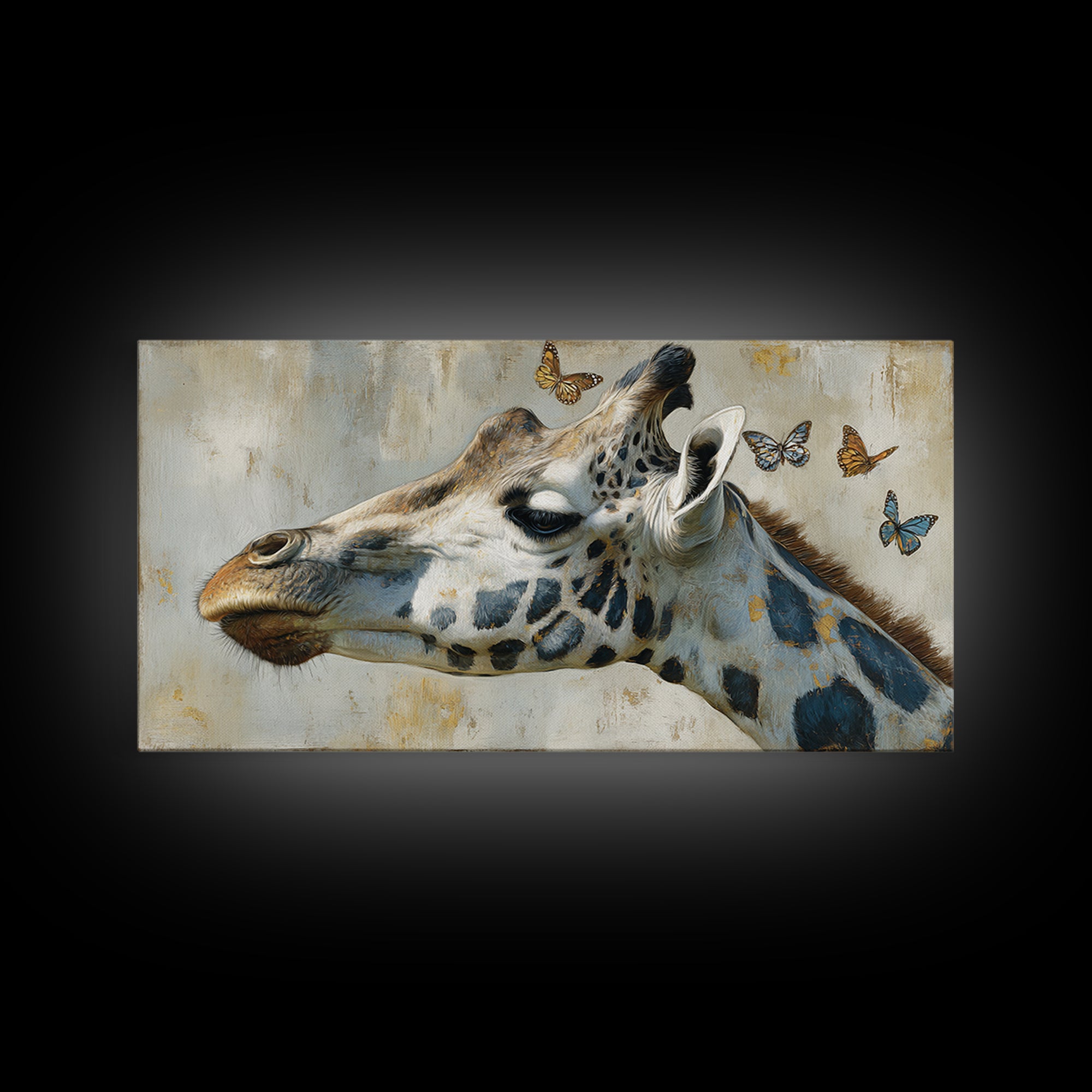 Giraffe with Scarf and Butterflies Framed Canvas Print, Whimsical Art, Minimalist Decor, Living Room Decor, Fine Art, Wonder, WHI-2x1-6