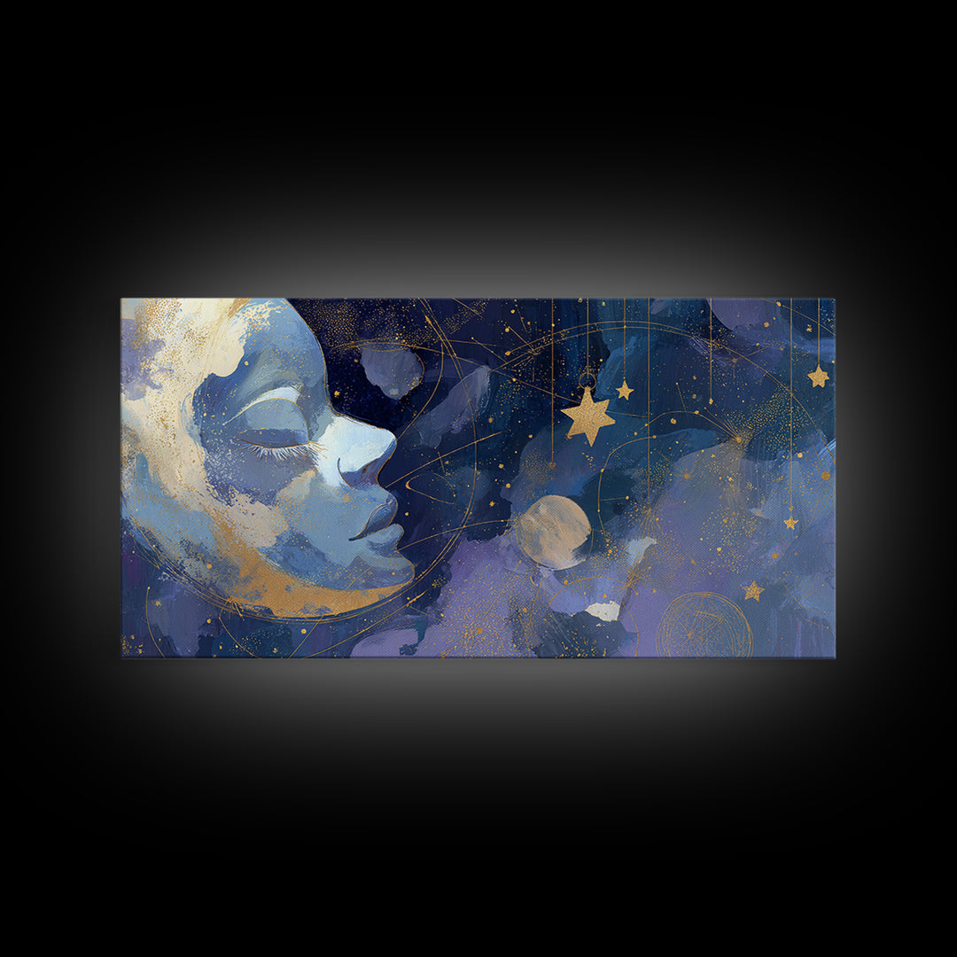 Moon with Sleeping Face and Dangling Stars Framed Canvas Print, Whimsical Art, Printable Wall Art, Living Room Decor, Wonder, WHI-2x1-60
