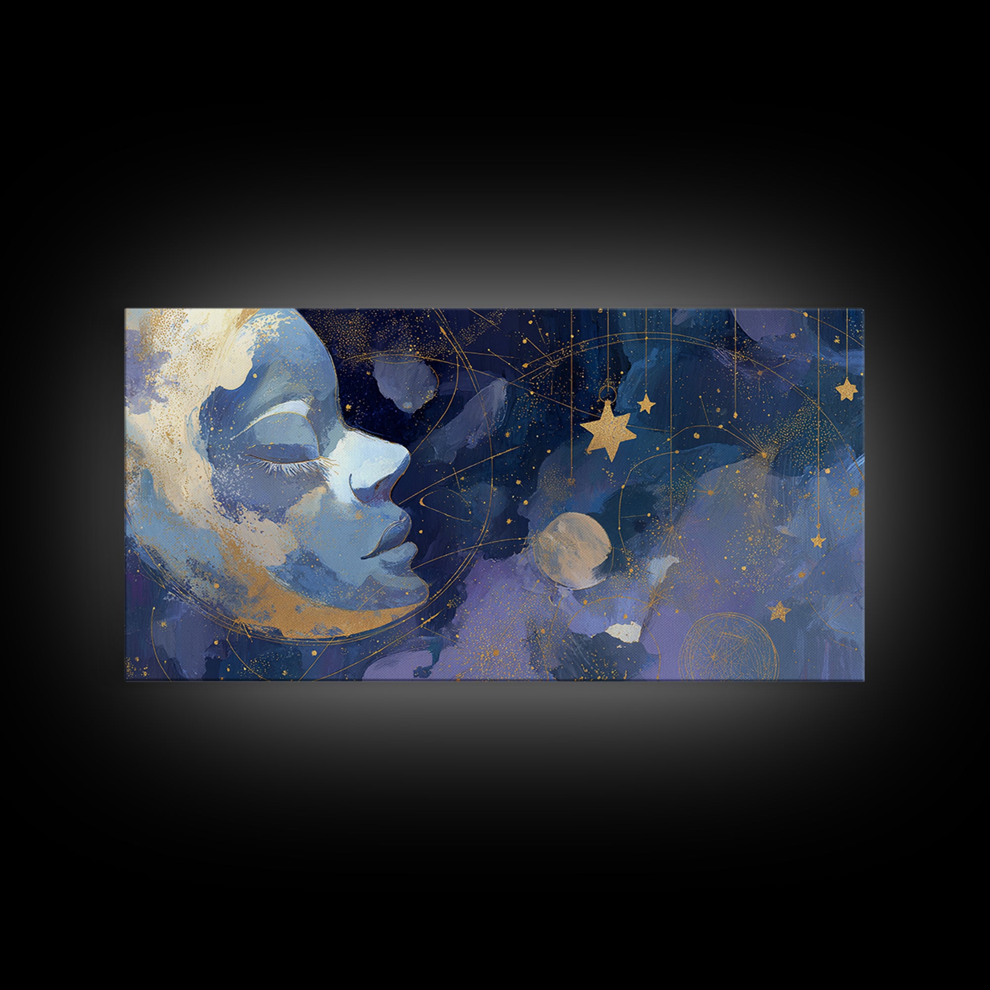 Moon with Sleeping Face and Dangling Stars Framed Canvas Print, Whimsical Art, Printable Wall Art, Living Room Decor, Wonder, WHI-2x1-60