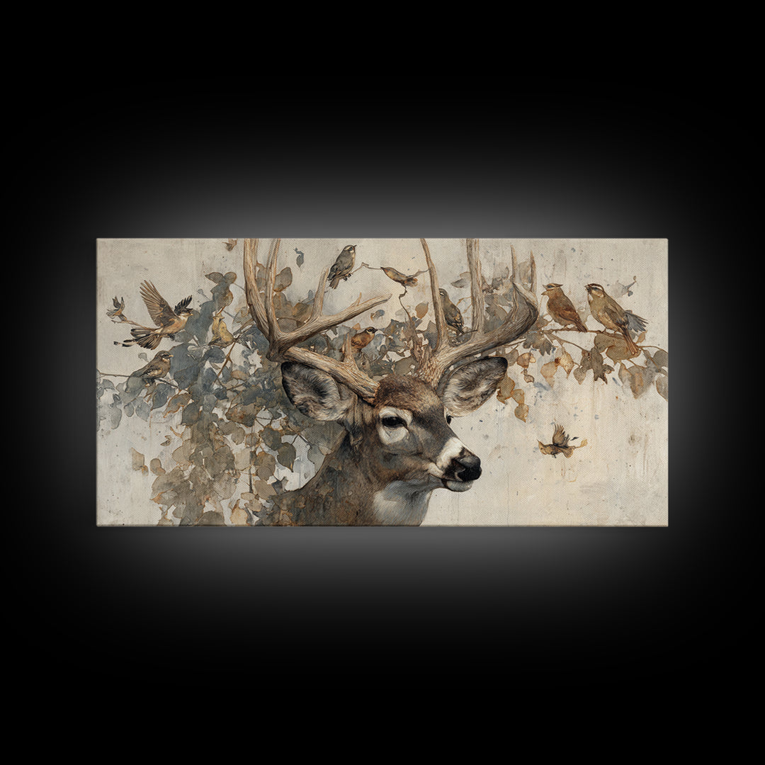 Deer with Antlers Full of Birds Canvas Print, Whimsical Art, Living Room Decor, Fine Art, Wonder, Gallery Decor, Neutral Decor, WHI-2x1-63