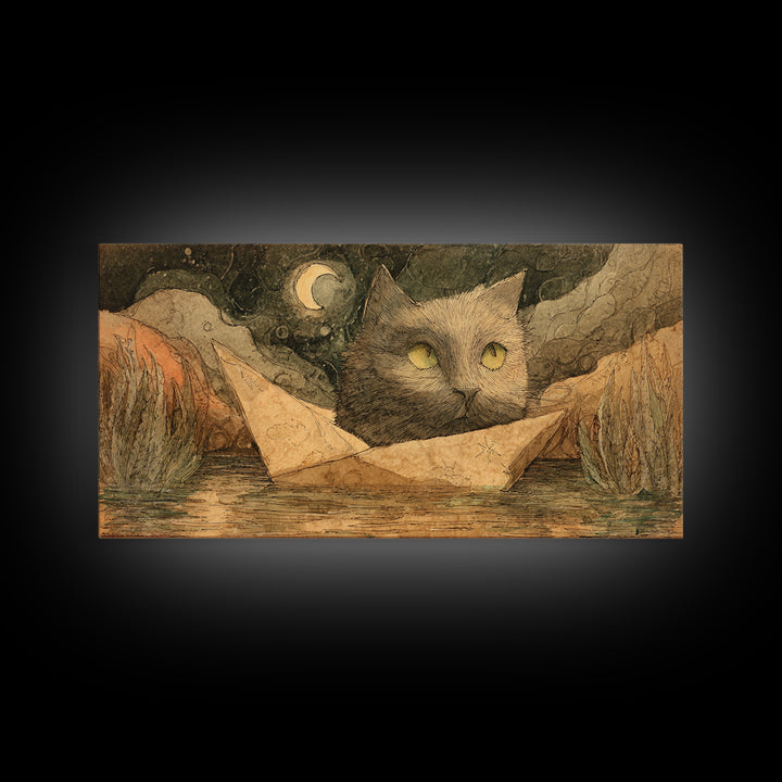 Cat Sailing a Paper Boat Canvas Print, Whimsical Art, Oil Painting, Living Room Decor, Fine Art, Wonder, Dark Academia Decor, WHI-2x1-70