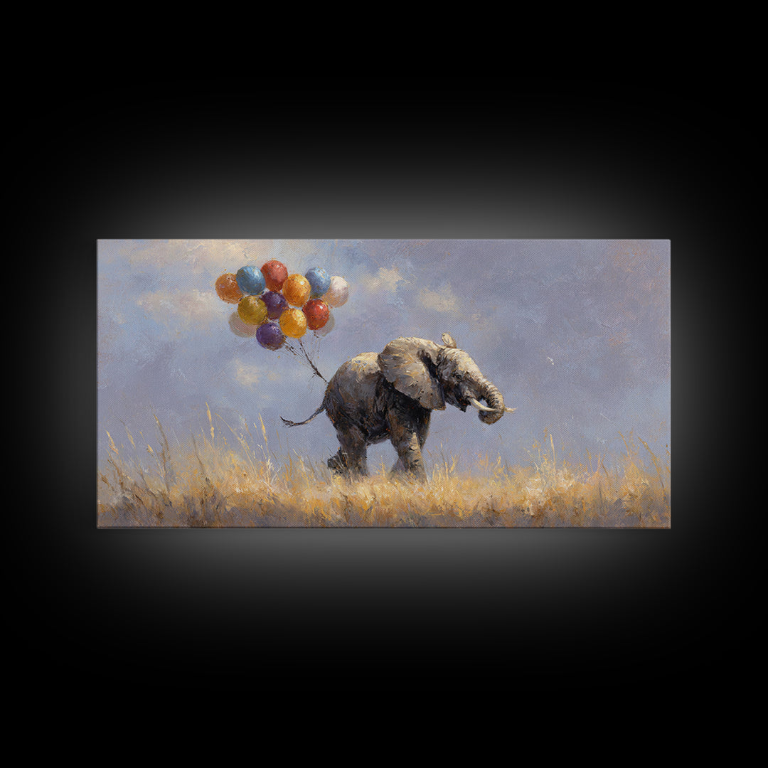 Elephant Holding Balloons Canvas Print, Whimsical Art, Bird Art, Living Room Decor, Abstract Art, Wonder, Textured Painting, WHI-2x1-71