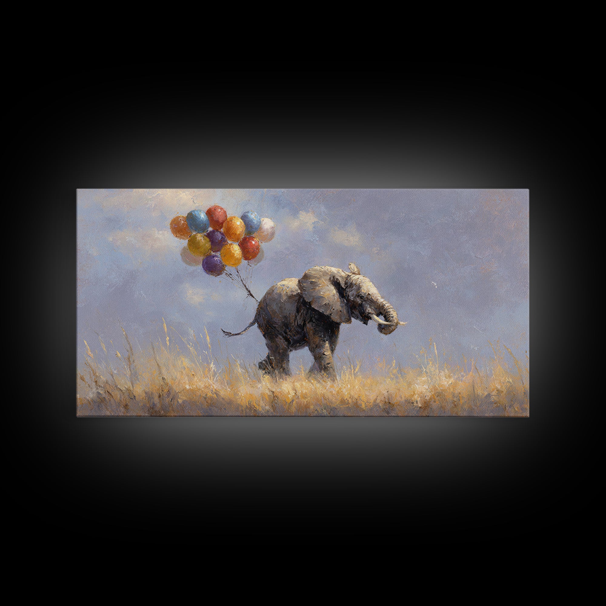 Elephant Holding Balloons Canvas Print, Whimsical Art, Bird Art, Living Room Decor, Abstract Art, Wonder, Textured Painting, WHI-2x1-71