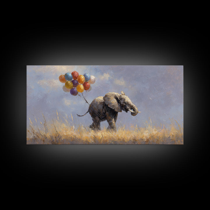 Elephant Holding Balloons Canvas Print, Whimsical Art, Bird Art, Living Room Decor, Abstract Art, Wonder, Textured Painting, WHI-2x1-71