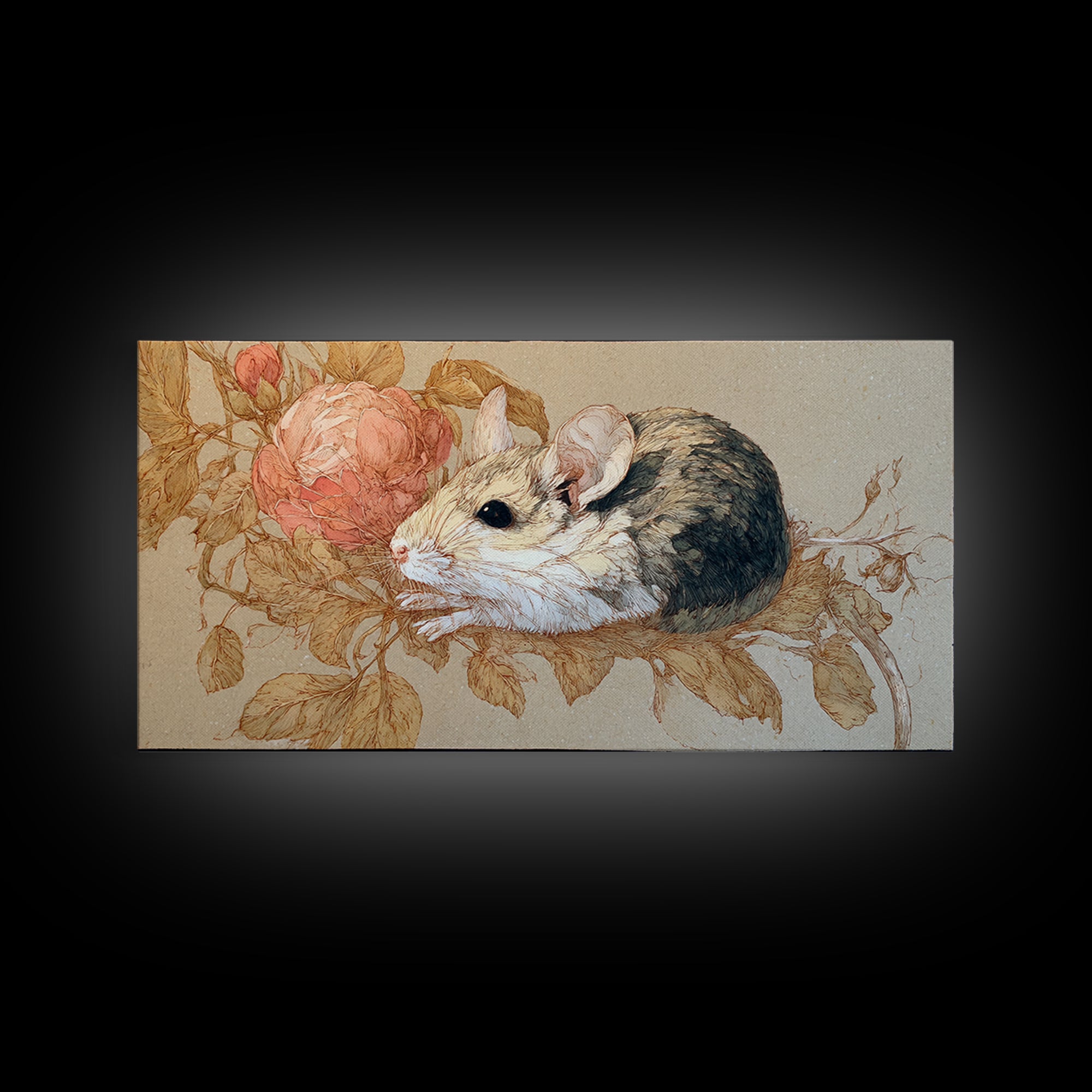 Mouse Ballerina in a Rose Garden Framed Canvas Print, Whimsical Art, Cat Art, Living Room Decor, Watercolor Art, Wonder, WHI-2x1-79