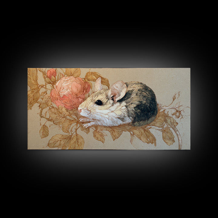 Mouse Ballerina in a Rose Garden Framed Canvas Print, Whimsical Art, Cat Art, Living Room Decor, Watercolor Art, Wonder, WHI-2x1-79