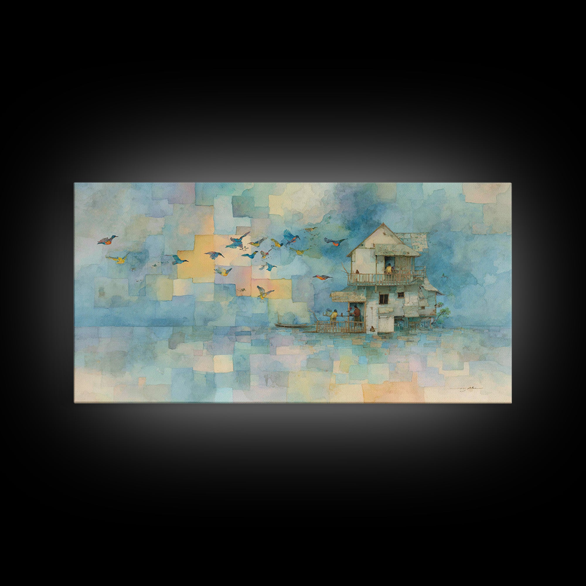 Whale Flying Through Clouds Like Ocean Framed Canvas Print, Whimsical Art, Printable Art, Living Room Decor, Watercolor Art, WHI-2x1-81