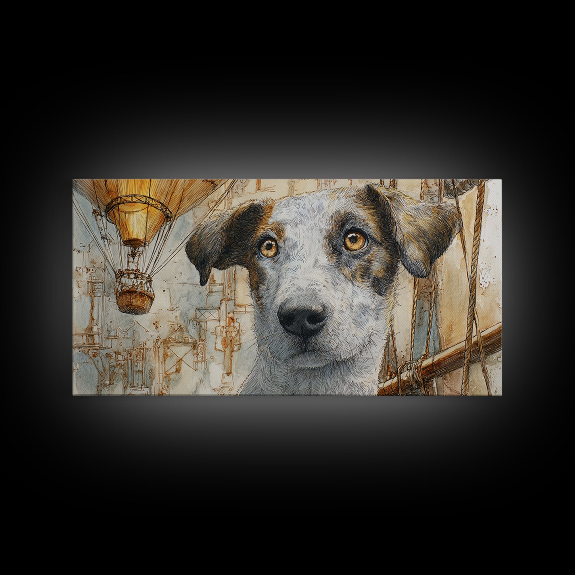 Dog in a Hot Air Balloon Canvas Print, Whimsical Art, Digital Art, Living Room Decor, Wonder, Nursery, Abstract Wall Art, WHI-2x1-82