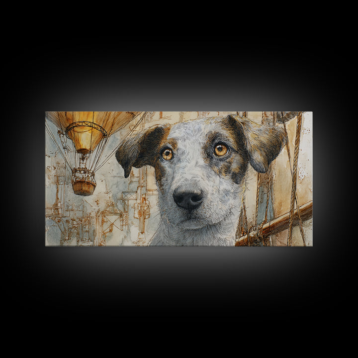 Dog in a Hot Air Balloon Canvas Print, Whimsical Art, Digital Art, Living Room Decor, Wonder, Nursery, Abstract Wall Art, WHI-2x1-82