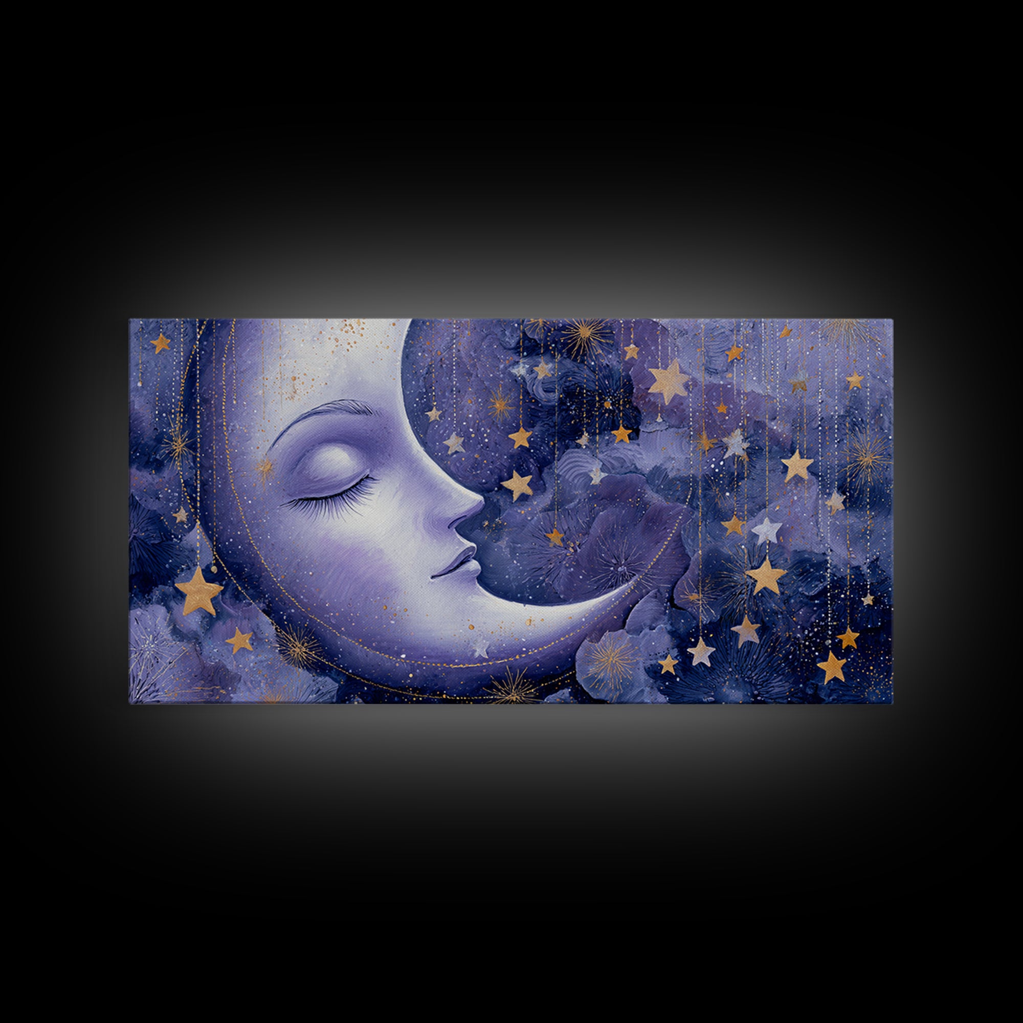 Moon with Sleeping Face and Dangling Stars Framed Canvas Print, Whimsical Art, Living Room Decor, Wonder, Gallery Decor, WHI-2x1-84