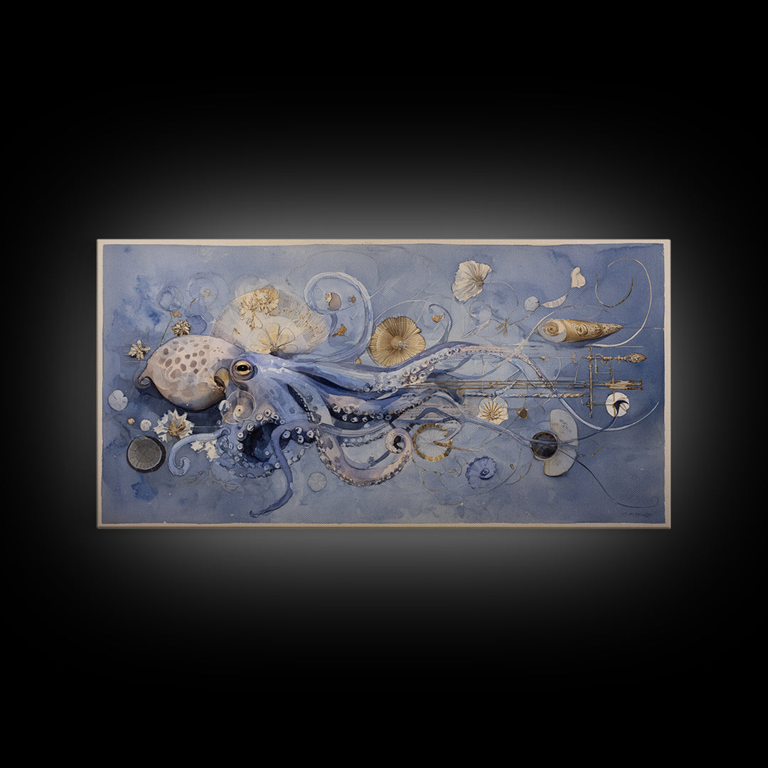 Octopus Conductor with Tiny Instruments Framed Canvas Print, Whimsical Art, Pet Portrait, Living Room Decor, Fine Art, Wonder, WHI-2x1-86