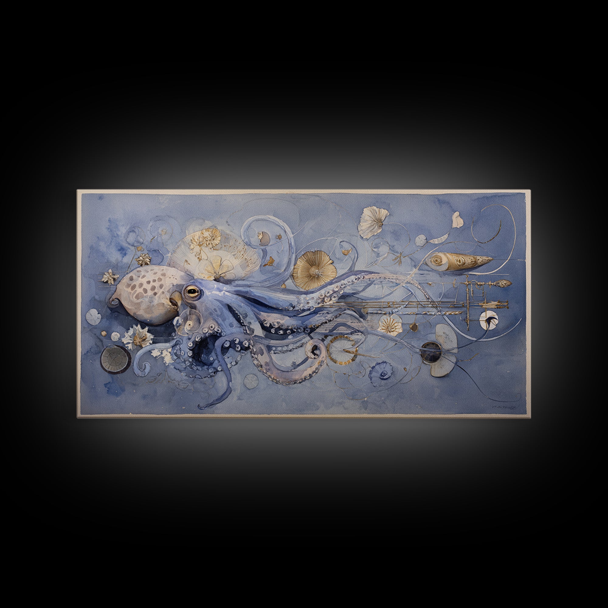 Octopus Conductor with Tiny Instruments Framed Canvas Print, Whimsical Art, Pet Portrait, Living Room Decor, Fine Art, Wonder, WHI-2x1-86