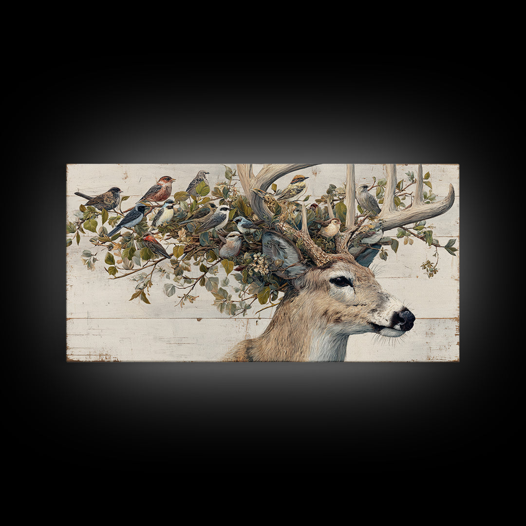 Deer with Antlers Full of Birds Framed Canvas Print, Whimsical Art, Nursery Wall Decor, Living Room Decor, Fine Art, Wonder, WHI-2x1-87