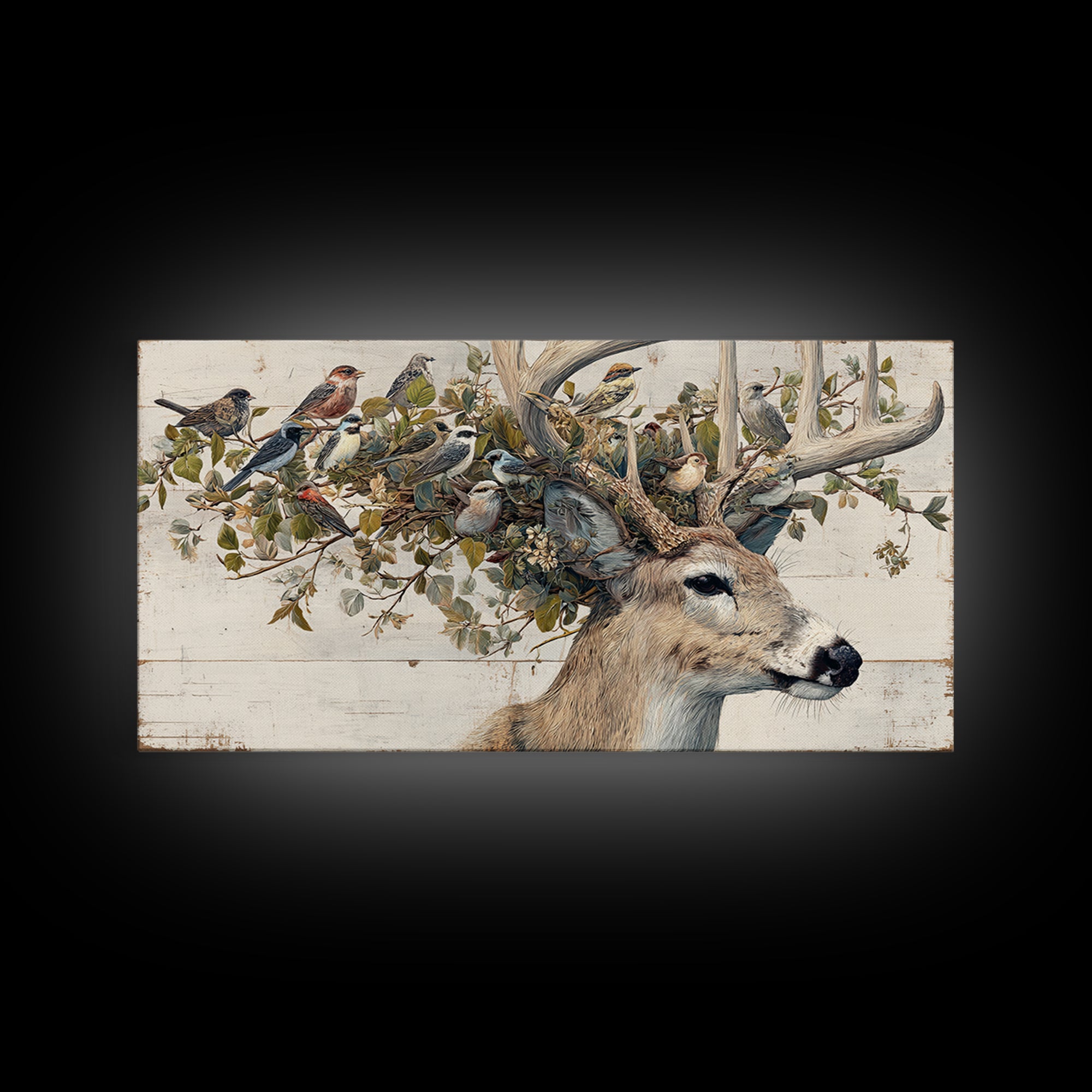 Deer with Antlers Full of Birds Framed Canvas Print, Whimsical Art, Nursery Wall Decor, Living Room Decor, Fine Art, Wonder, WHI-2x1-87