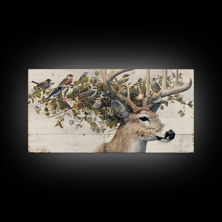 Deer with Antlers Full of Birds Framed Canvas Print, Whimsical Art, Nursery Wall Decor, Living Room Decor, Fine Art, Wonder, WHI-2x1-87
