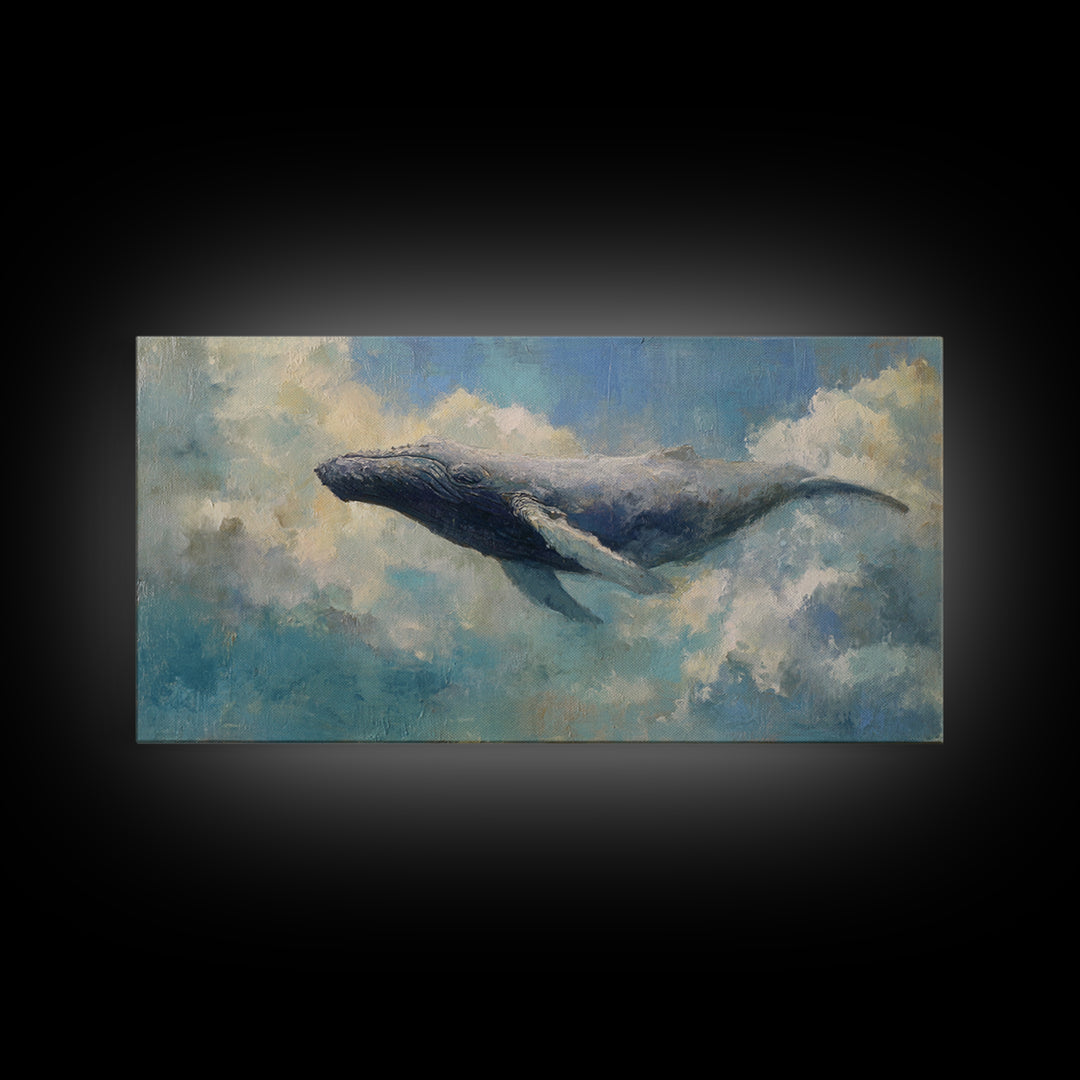 Whale Flying Through Clouds Like Ocean Framed Canvas Print, Whimsical Art, Art Print, Living Room Decor, Fine Art, Wonder, WHI-2x1-9