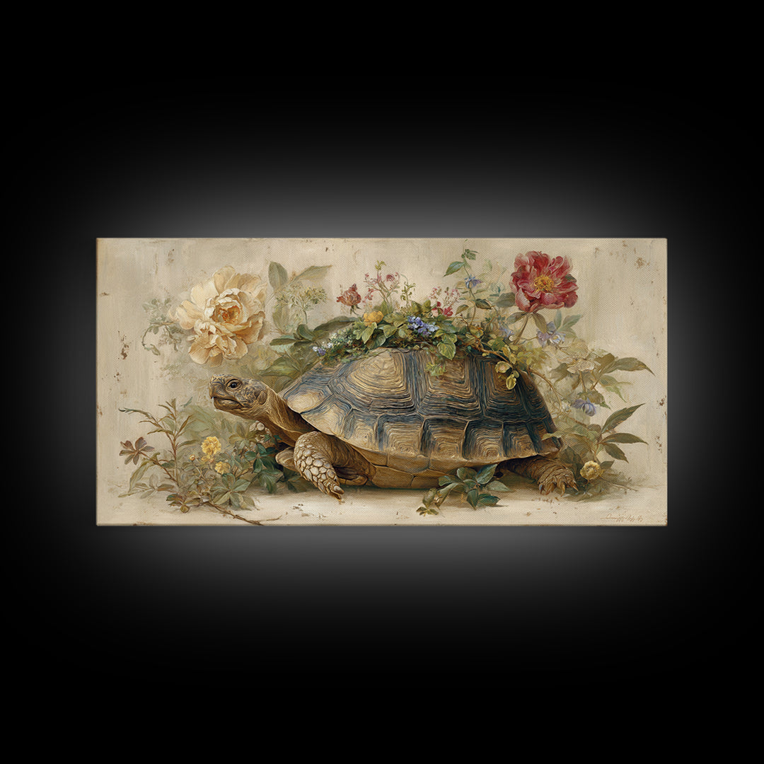 Turtle with Garden Growing on Shell Framed Canvas Print, Whimsical Art, Printable Wall Art, Living Room Decor, Fine Art, Wonder, WHI-2x1-90