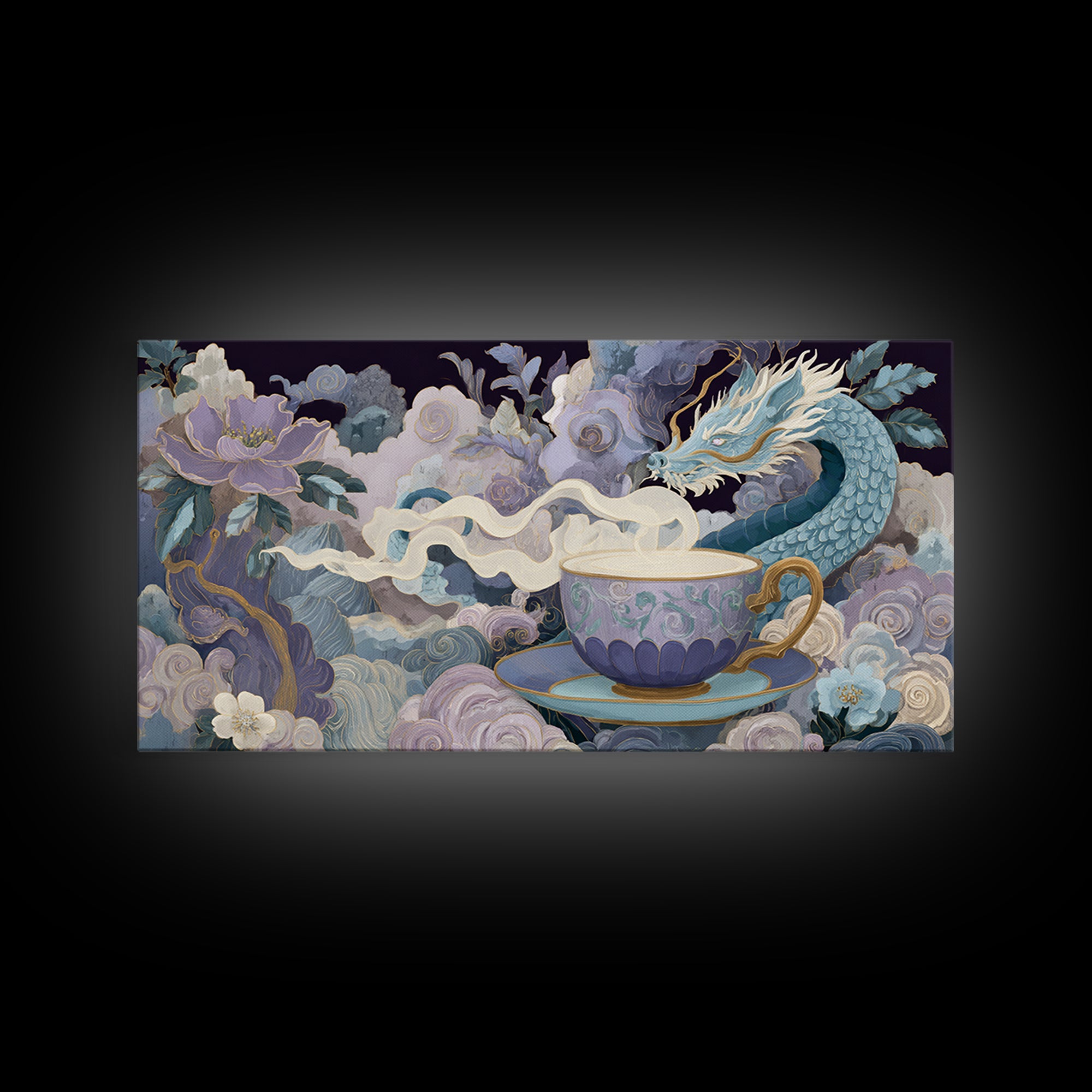 Dragon Curled Around a Teacup Framed Canvas Print, Whimsical Art, Whimsical, Living Room Decor, Oil Painting, Wonder, WHI-2x1-92