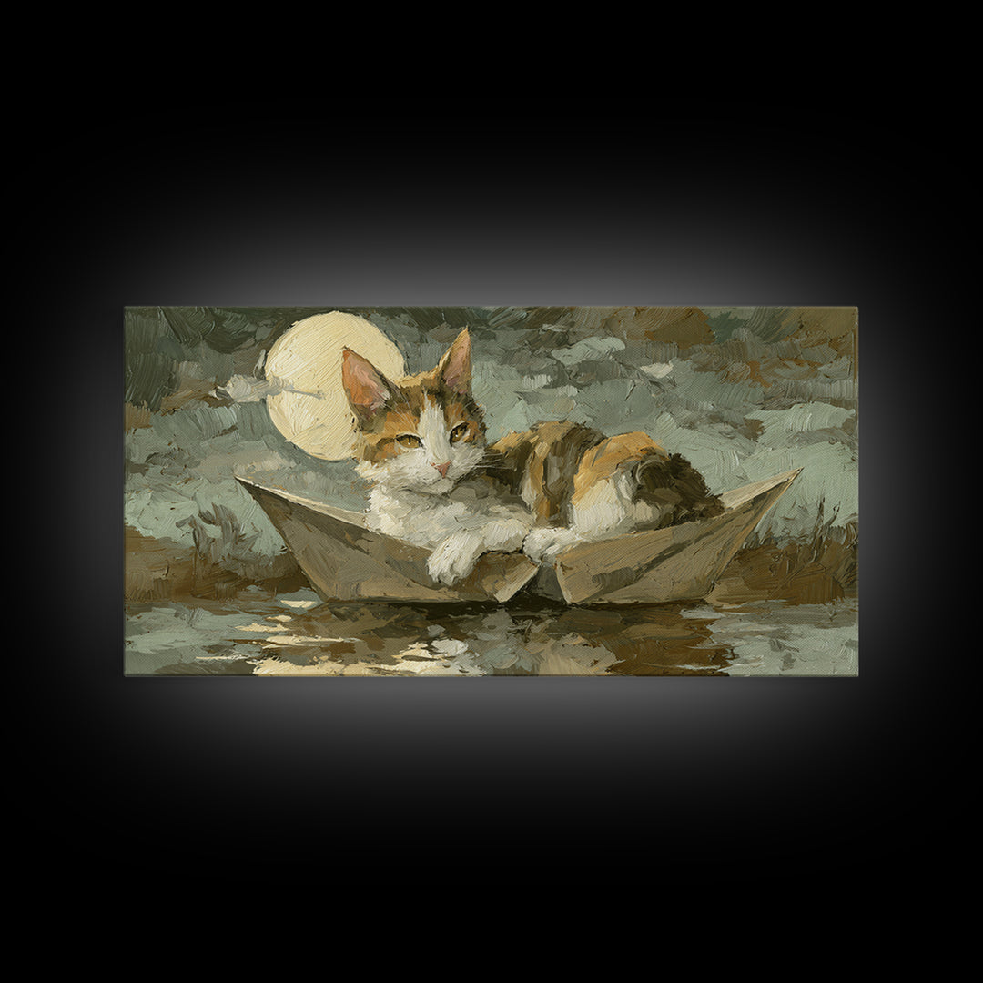 Cat Sailing a Paper Boat Canvas Print, Whimsical Art, Oil Painting, Living Room Decor, Fine Art, Wonder, Dark Academia Decor, WHI-2x1-94