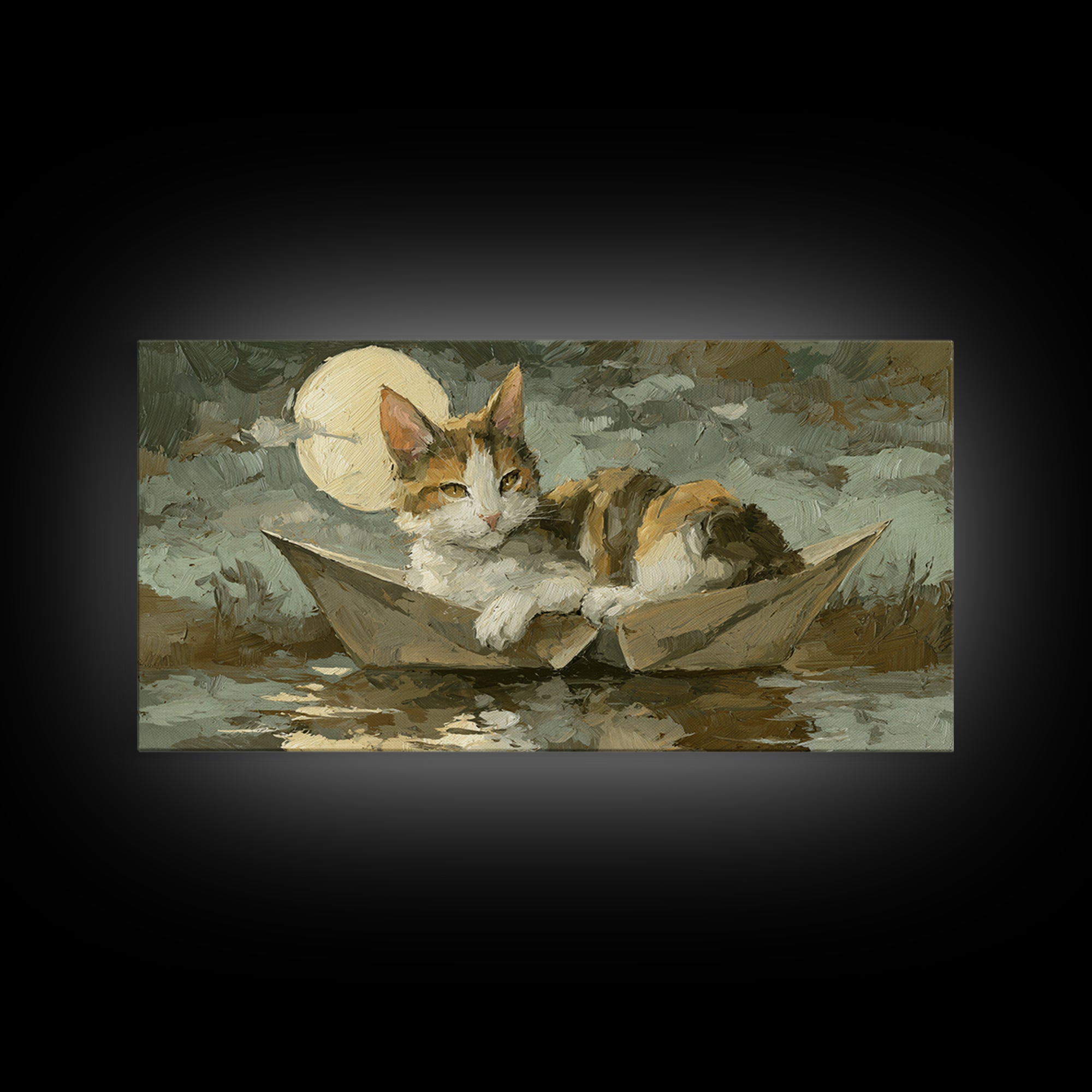 Cat Sailing a Paper Boat Canvas Print, Whimsical Art, Oil Painting, Living Room Decor, Fine Art, Wonder, Dark Academia Decor, WHI-2x1-94