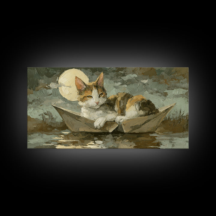 Cat Sailing a Paper Boat Canvas Print, Whimsical Art, Oil Painting, Living Room Decor, Fine Art, Wonder, Dark Academia Decor, WHI-2x1-94