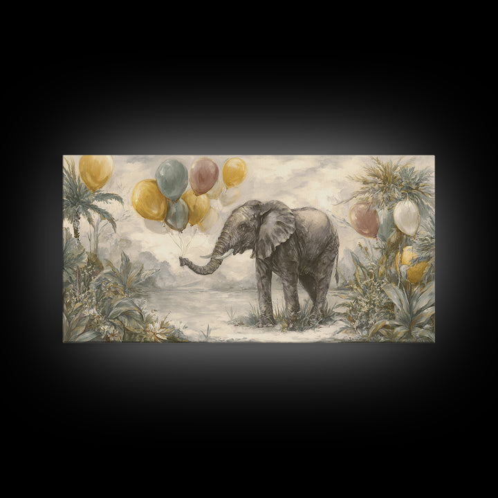 Elephant Holding Balloons Framed Canvas Print, Whimsical Art, Neutral Decor, Living Room Decor, Fine Art, Wonder, Home Decor, WHI-2x1-95