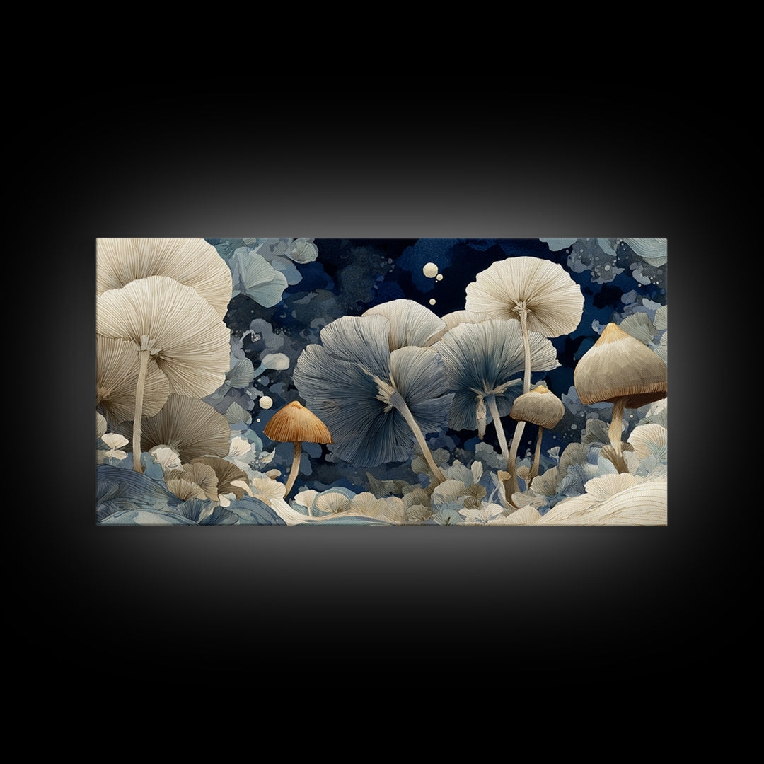 Teacup Garden with Tiny Mushrooms Framed Canvas Print, Whimsical Art, Dopamine Decor, Living Room Decor, Fine Art, Wonder, WHI-2x1-96
