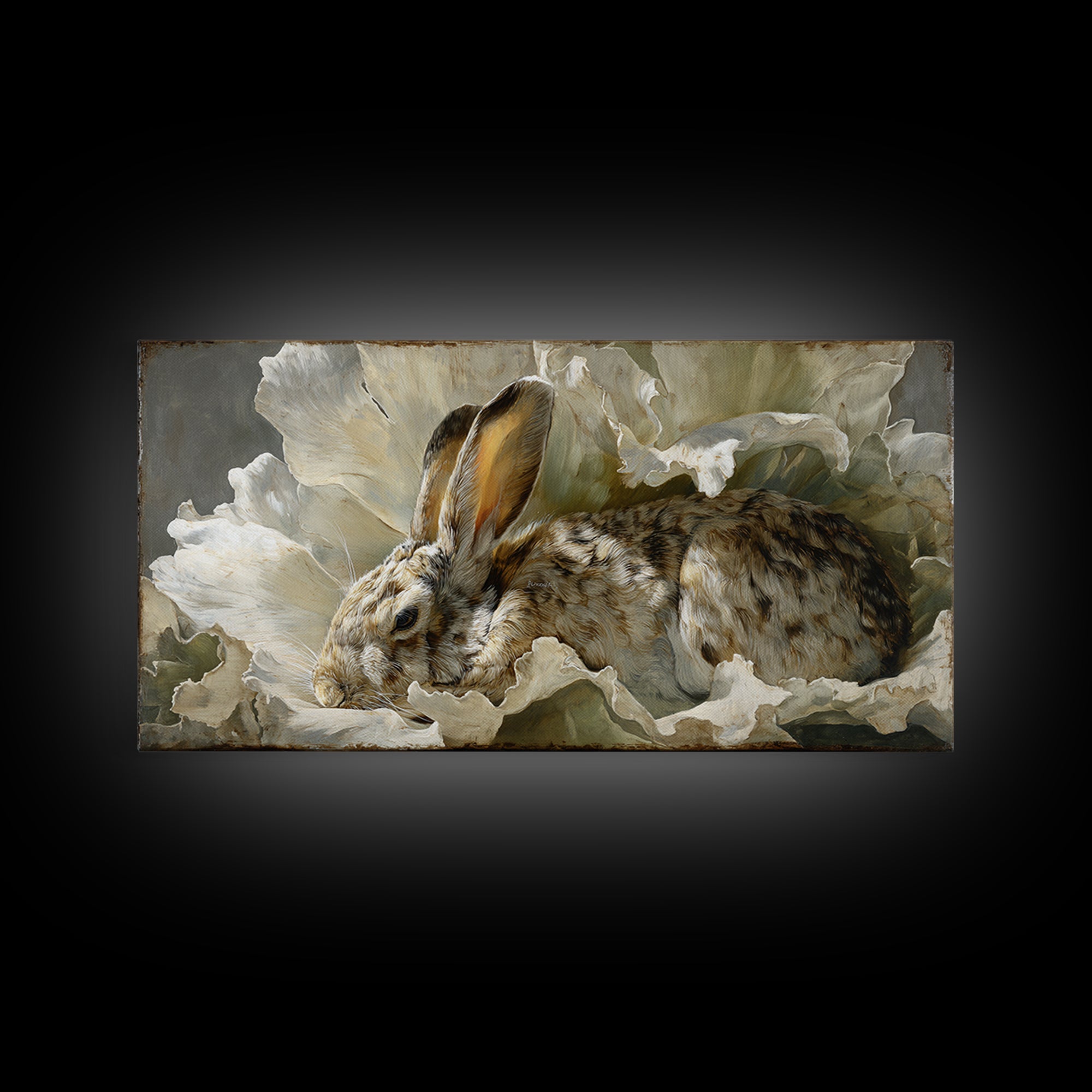 Rabbit Reading Beneath a Giant Flower Framed Canvas Print, Whimsical Art, Abstract Wall Art, Living Room Decor, Watercolor Art, WHI-2x1-97