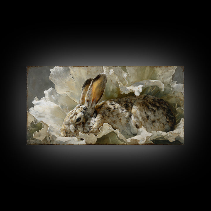 Rabbit Reading Beneath a Giant Flower Framed Canvas Print, Whimsical Art, Abstract Wall Art, Living Room Decor, Watercolor Art, WHI-2x1-97